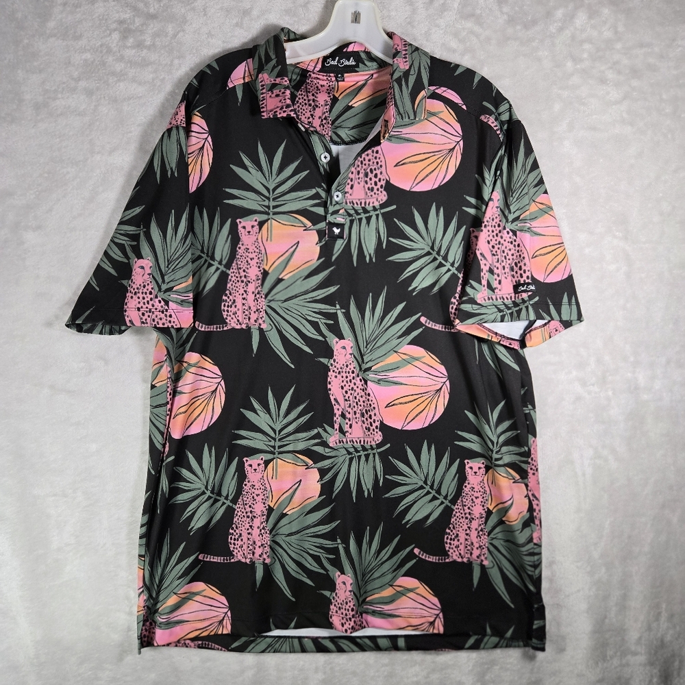 Bad Birdie Golf Polo Size XL Shirt Dayglow Short Sleeve Cheetah Palm Trees Loud
